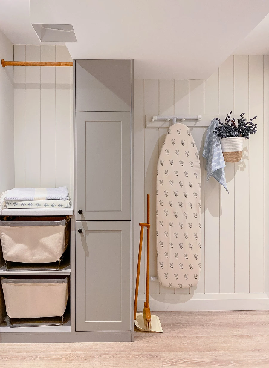 basment laundry room with deep sink, home depot cabinetry, laundry cart