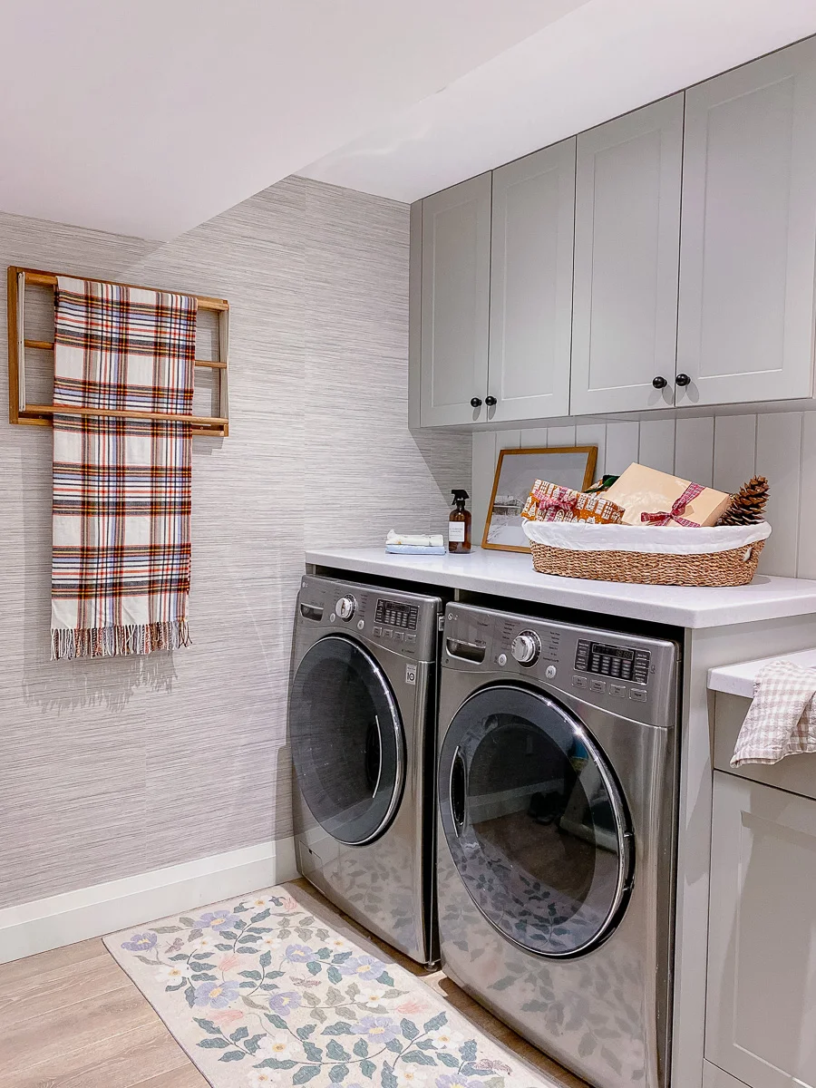 basment laundry room with deep sink, home depot cabinetry, laundry cart