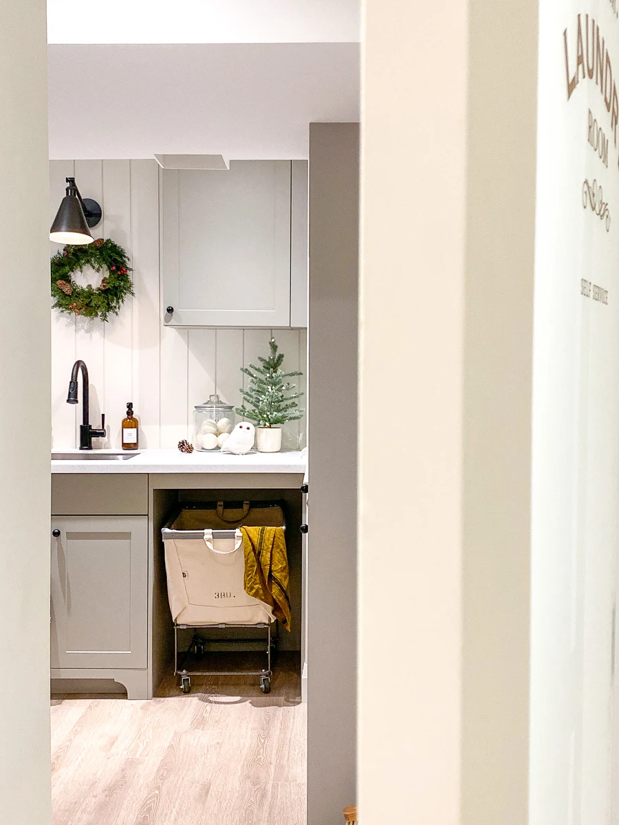 basment laundry room with deep sink, home depot cabinetry, laundry cart