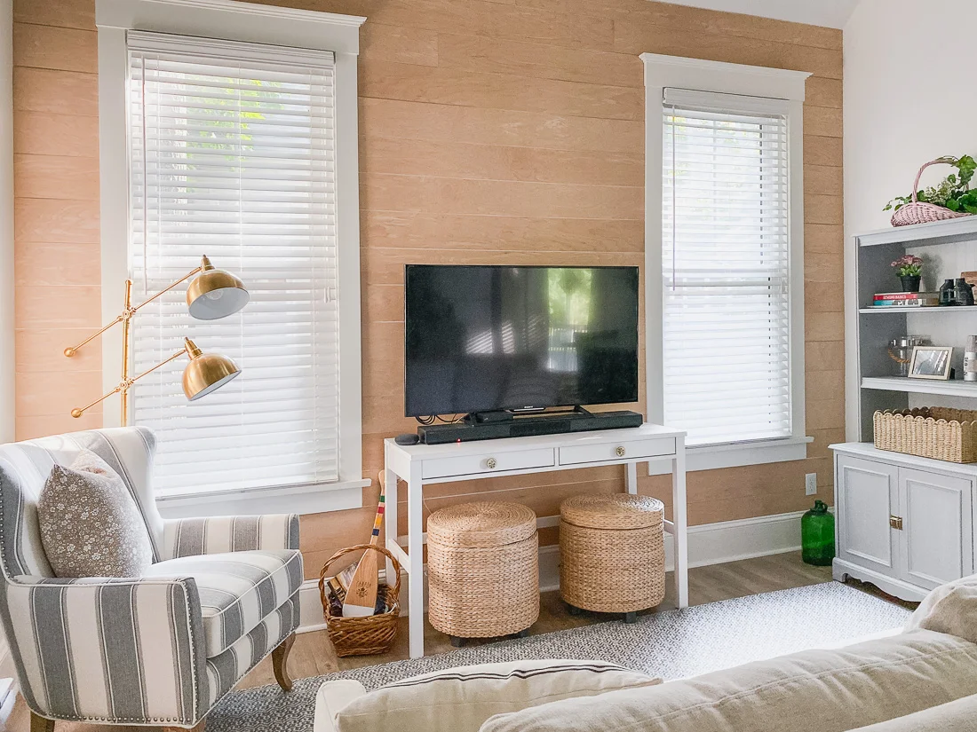 cottage living room with shiplap wall
