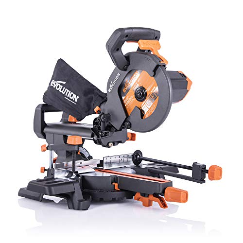 Evolution Power Tools R210sms+ Sliding Mitre Saw With Multi-Material Cutting, Cuts Wood, Metal, Plastic & More, 45° Bevel, 50° Mitre, 230mm Slide, 1500 W (230 V)