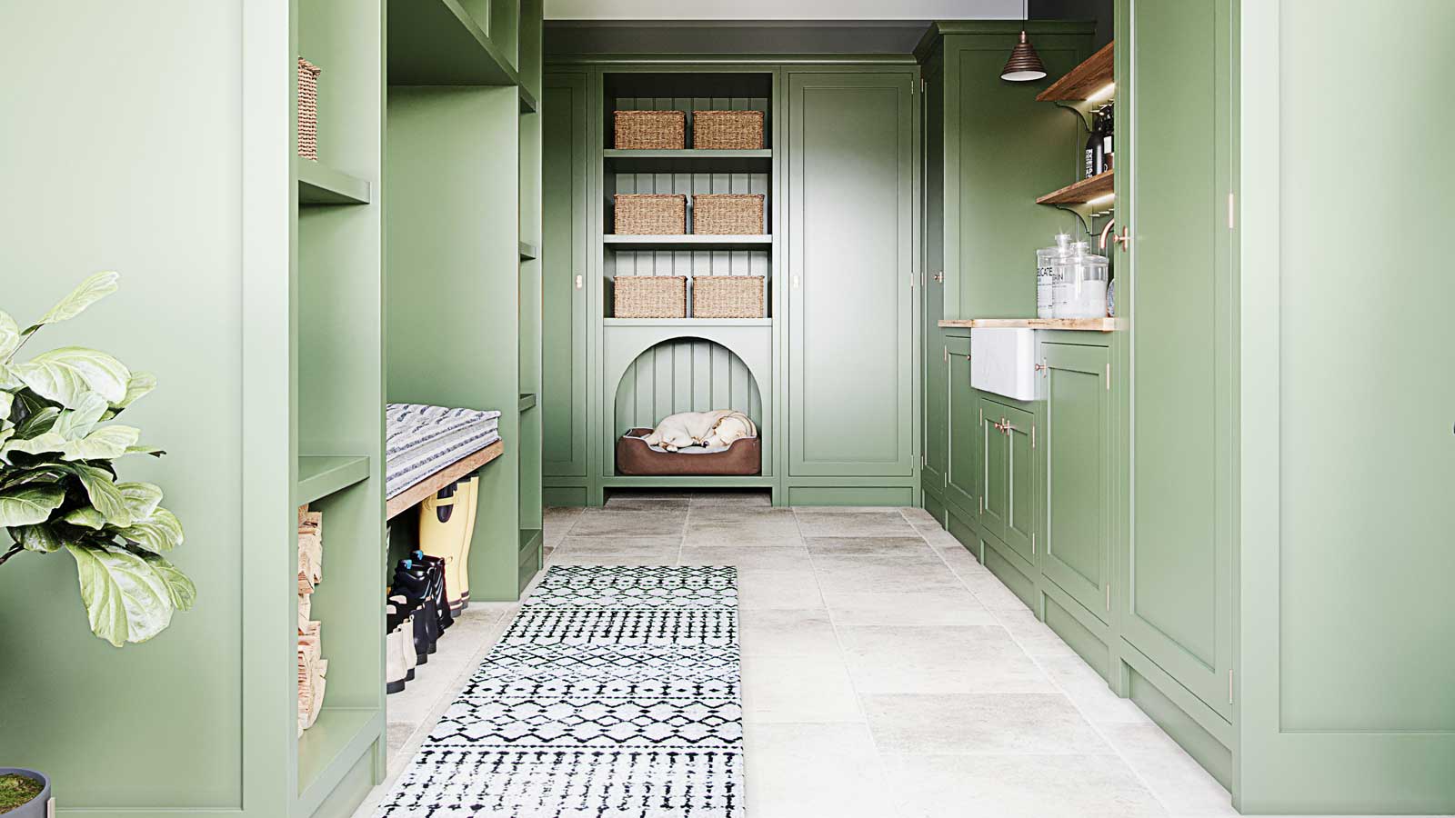 green boot room with stone flooring and built-in dog bed