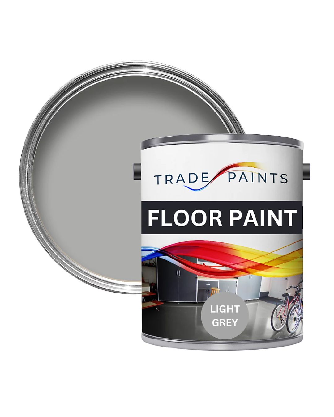 A tin of light grey, heavy duty garage floor paint
