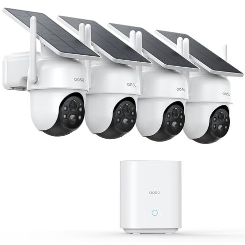 Aosu 2k Security Cameras Outdoor Wireless, 360° Ptz 4 Cam-Kit With Homebase, Zero Fees, Solar Battery 3mp Surveillance Cameras, Automatic Tracking, Colour Night Vision, 5g/2.4g Wifi