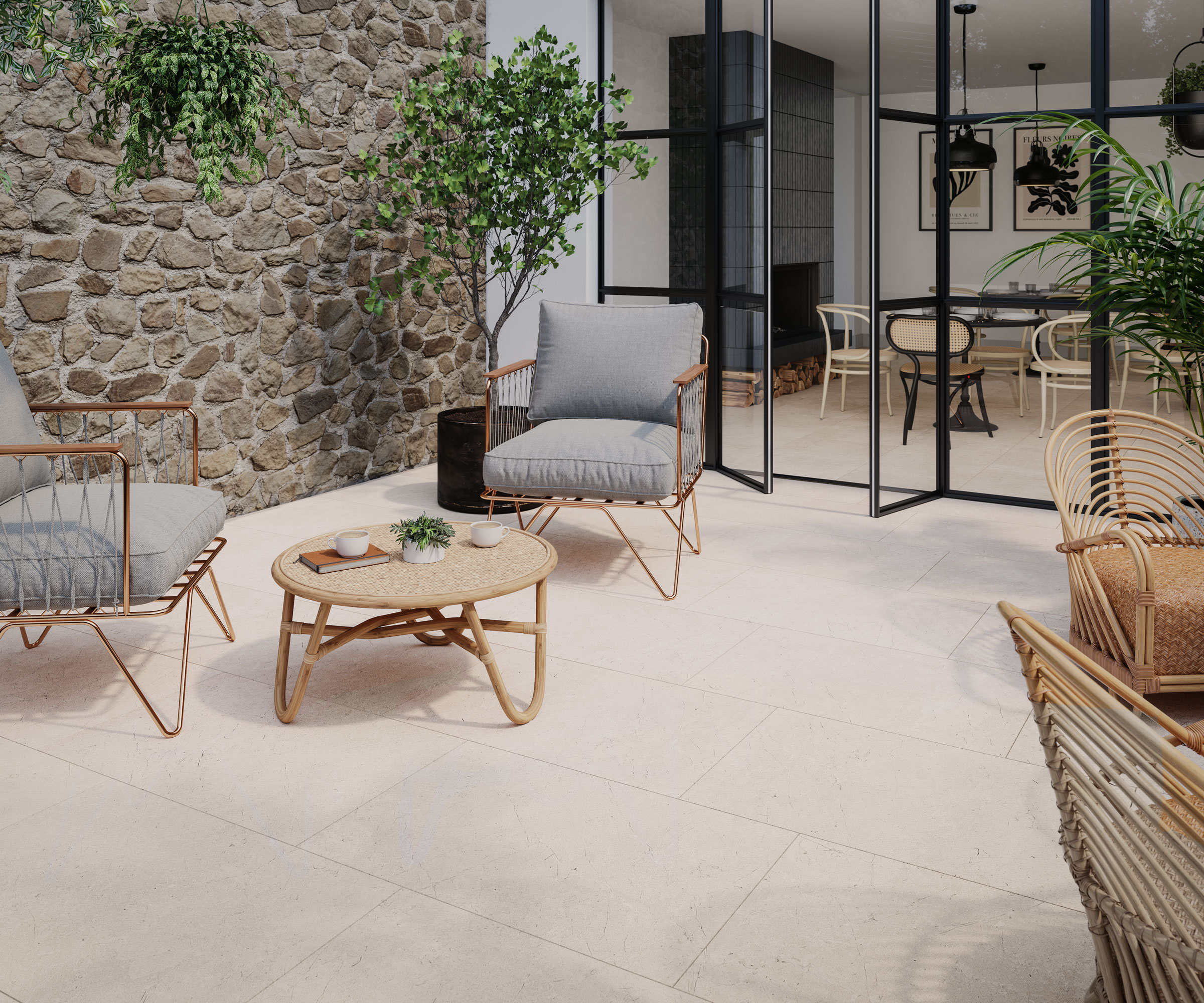paved patio with garden furniture and plants, and patio doors