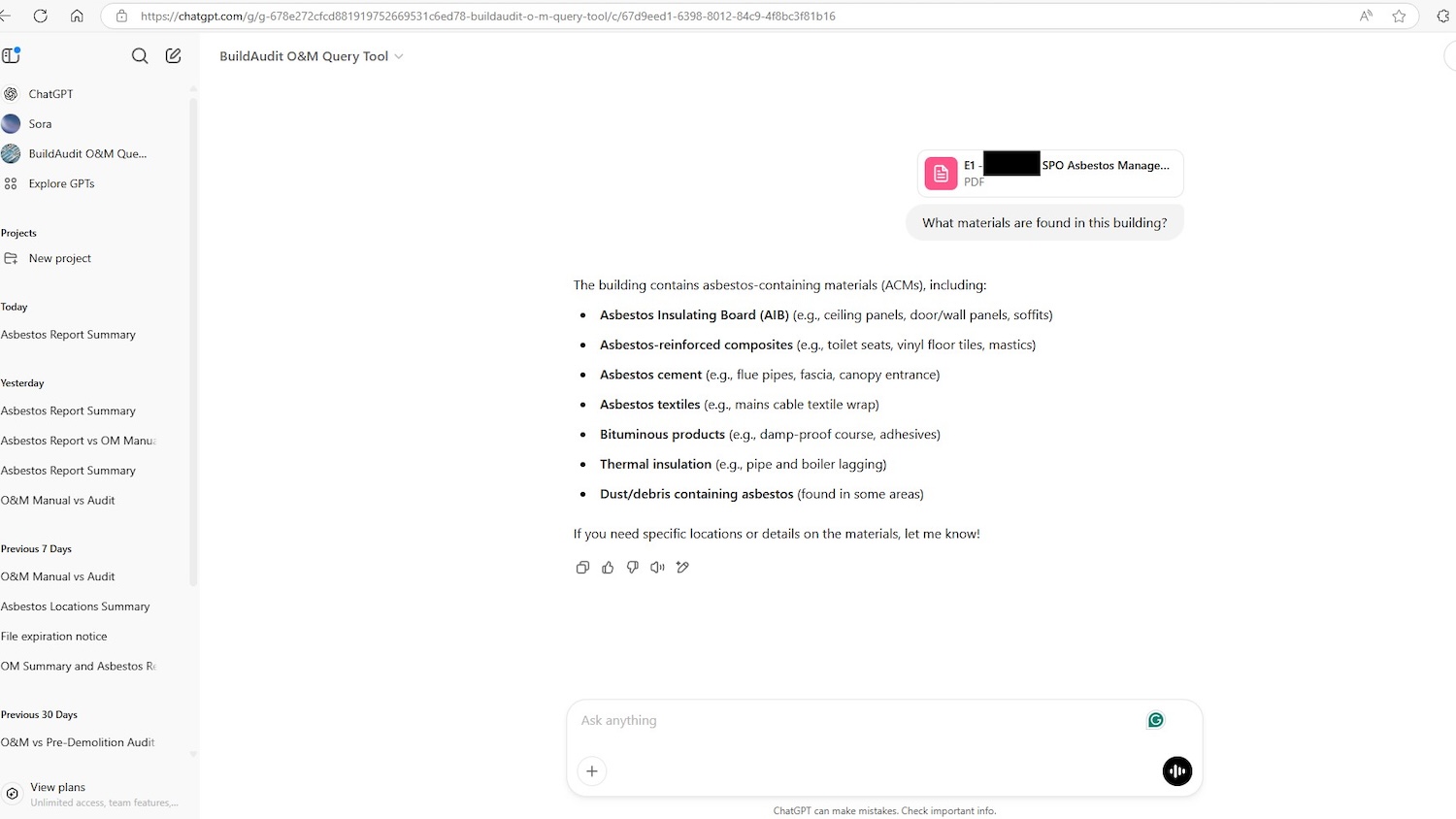 A screenshot of the BuildAudit tool answering a natural language question