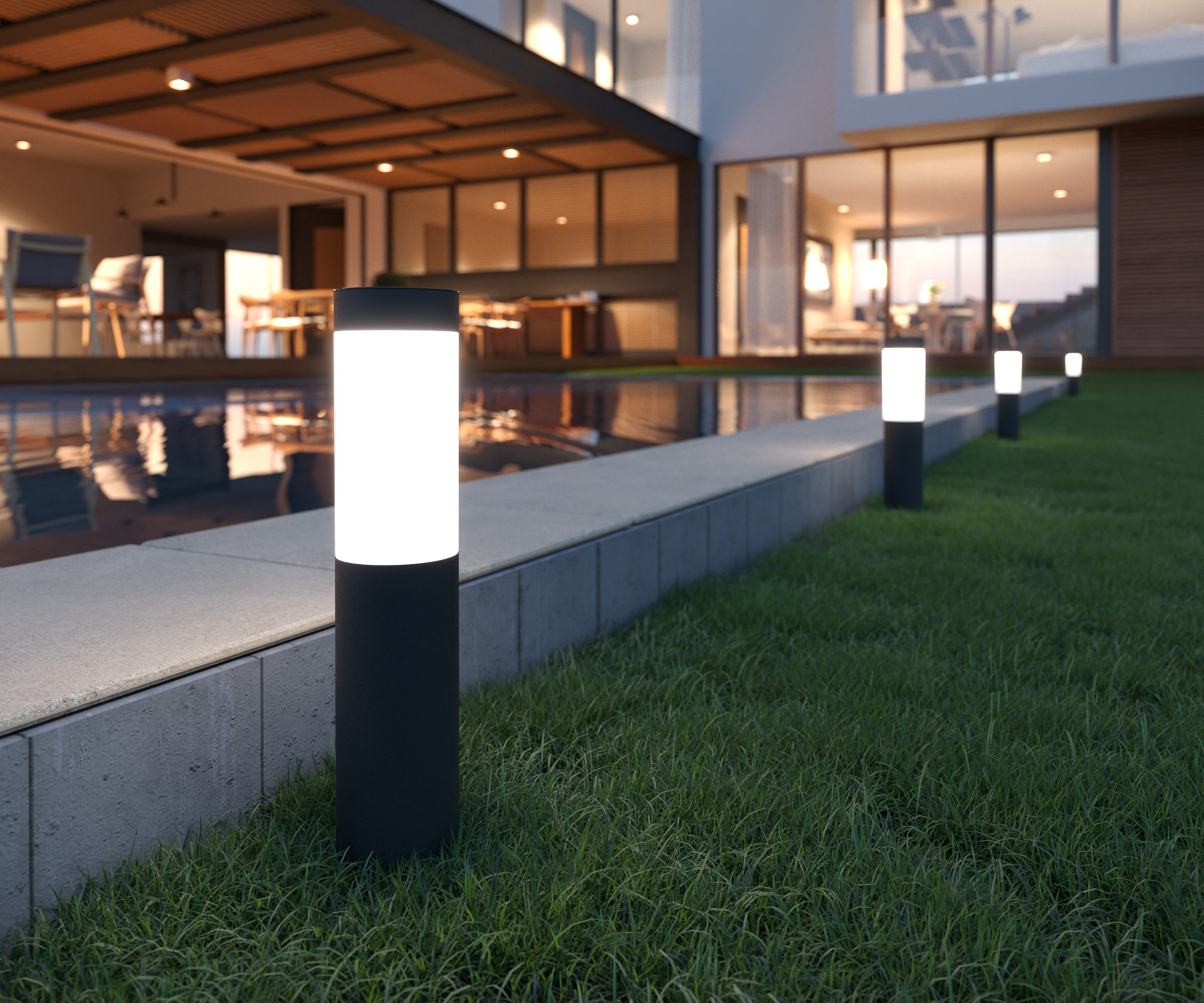 Mini London Solar Post Lights (Set Of 4) along the edge of a lawn