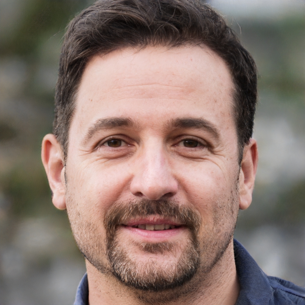 male with short dark hair, moustache and trimmed beard