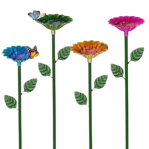4pcs Bee Watering Station Flower Shaped Metal Bee Waterproof Cups Colorful Butterfly Feeder for Outdoor Garden Yard Decor