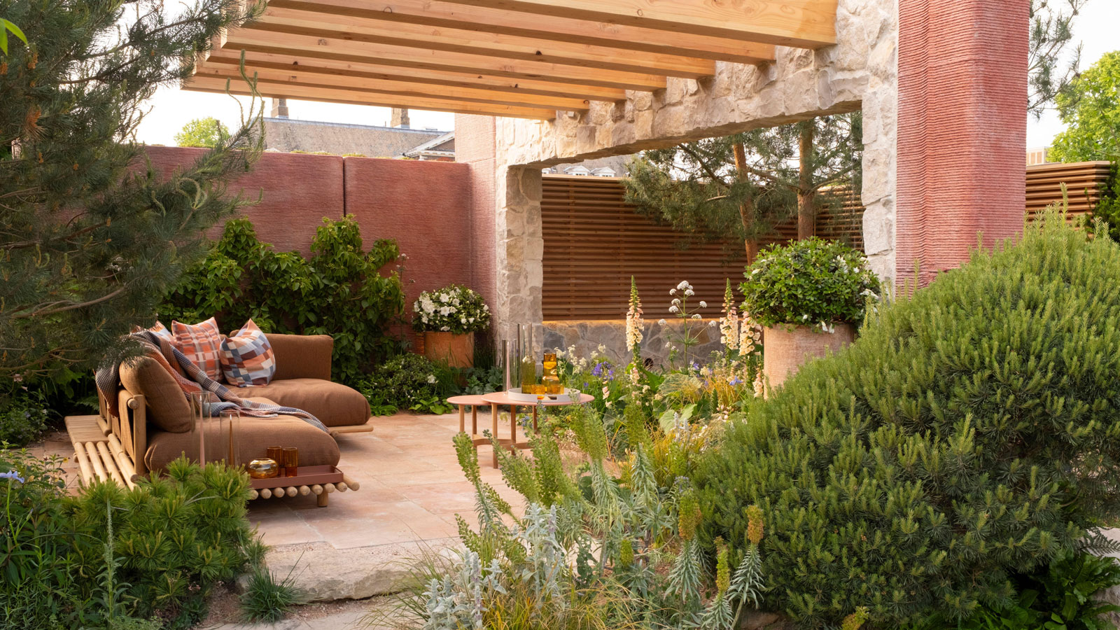 garden design with walls and fences, planting, pergola, garden furniture and gravel landscaping