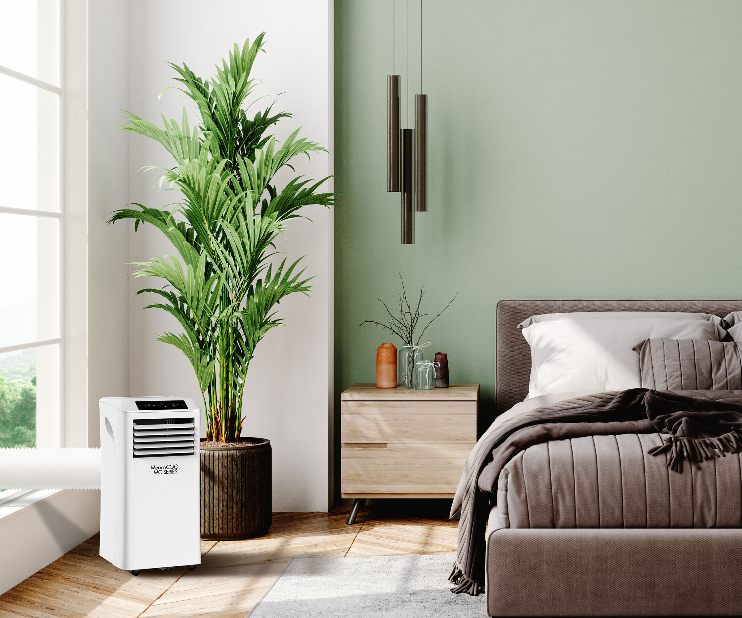 green bedroom with portable air conditioning