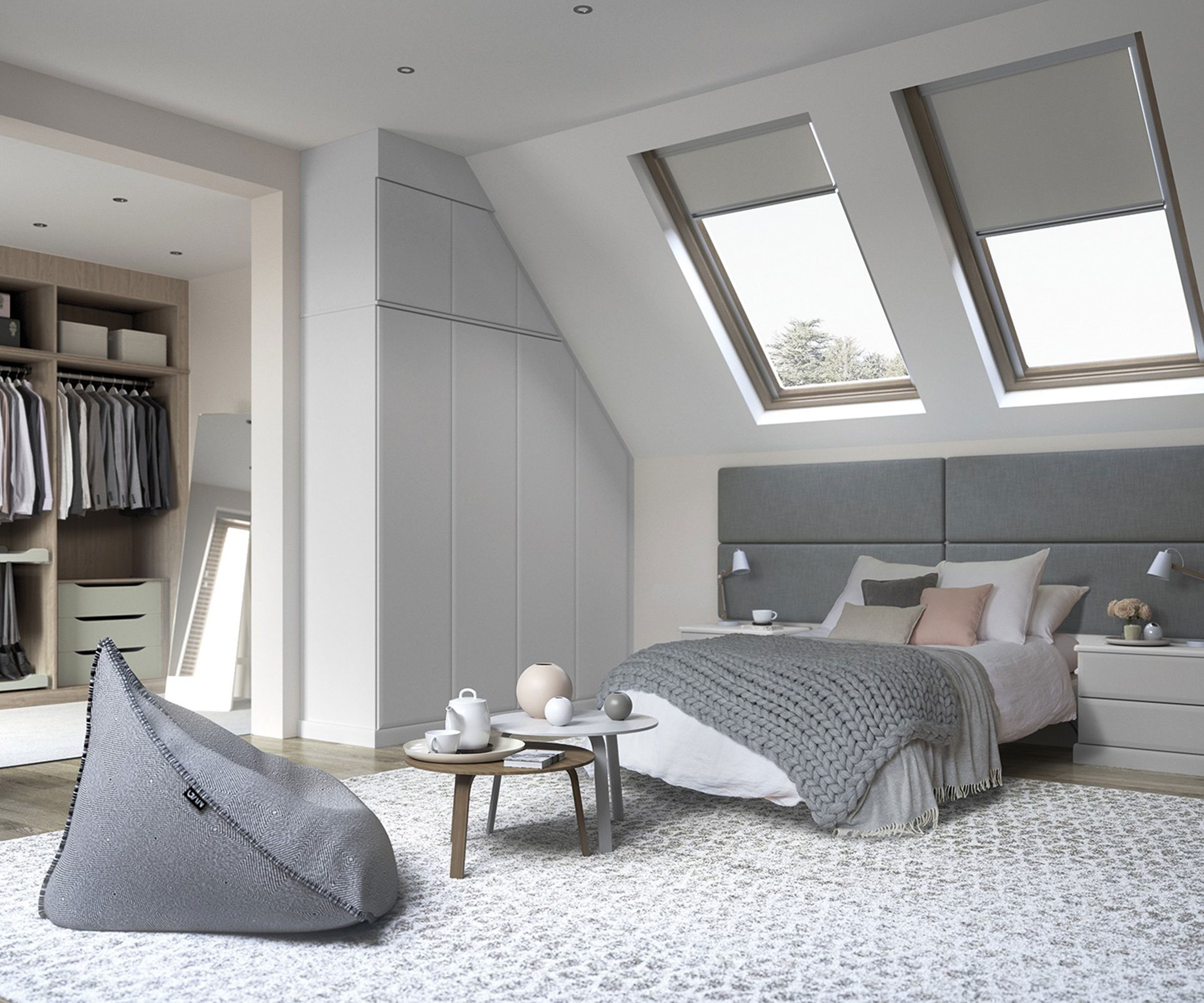 grey and white loft conversion bedroom