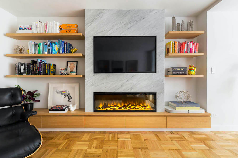Electric fireplace in modern living room remodel