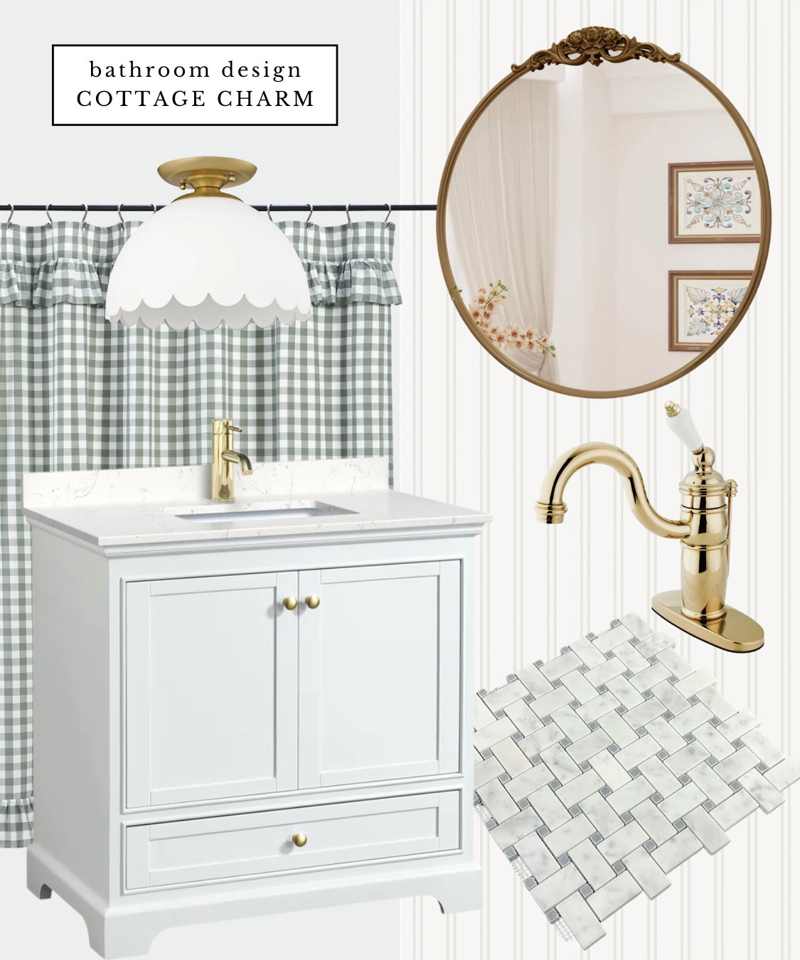 cottage style bathroom, basketweave tile, beadboard walls, gingham accessories
