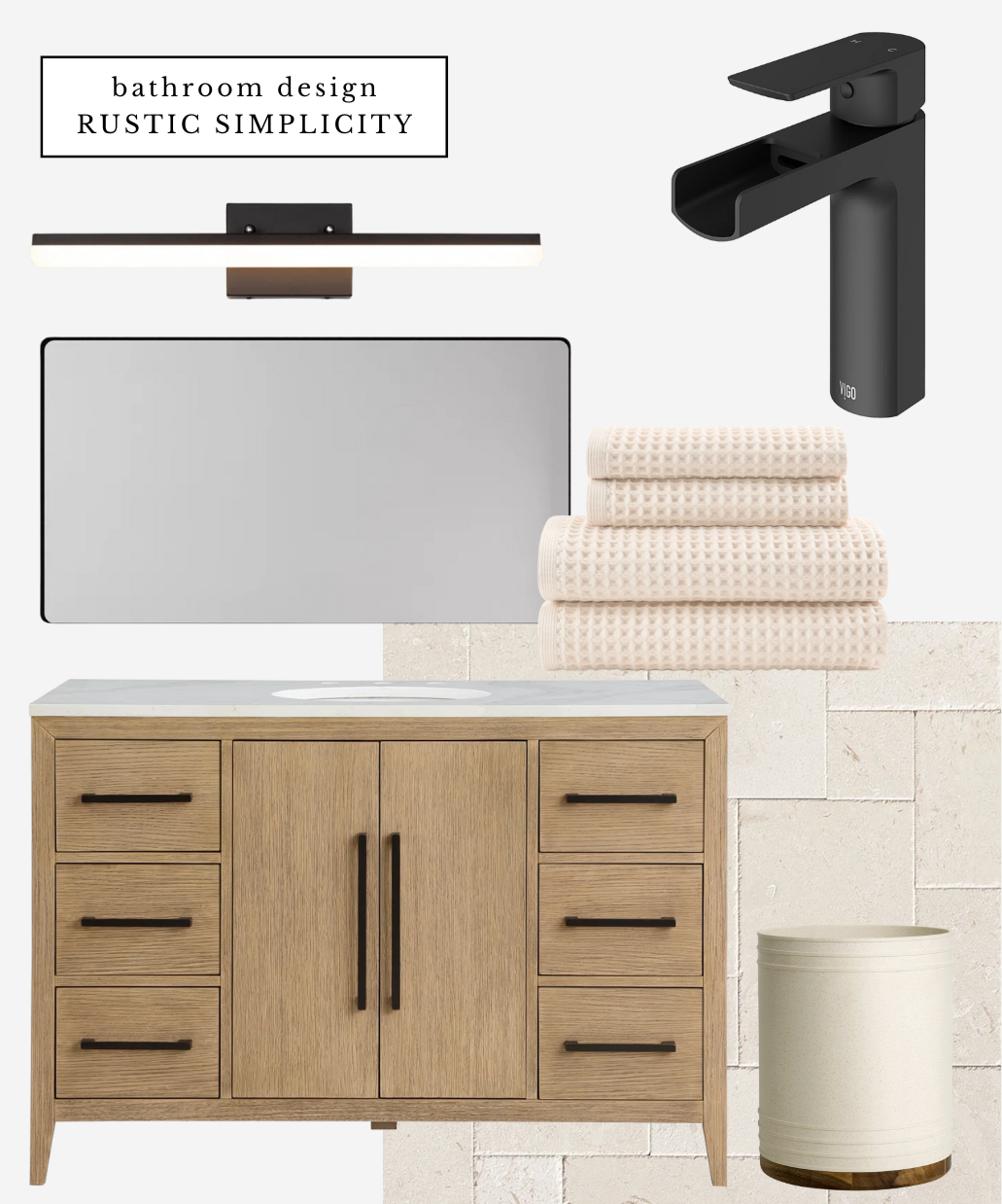 wood vanity, travertine tiles, modern lighting bathroom