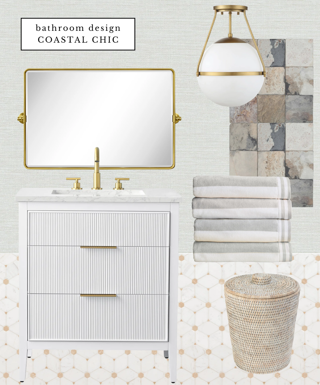 beachy bathroom, mosaic tile, grasscloth wallpaper, gold bathroom faucet