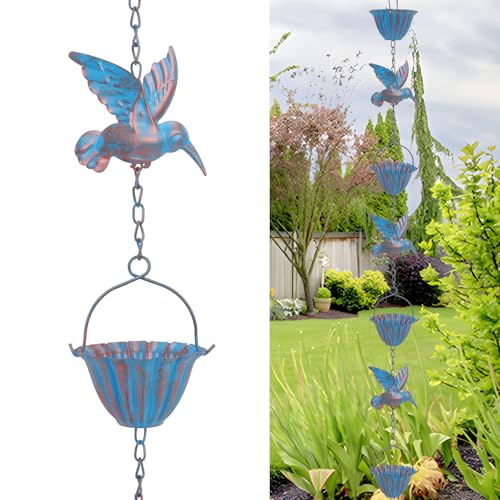 Tefola 2.4m Decorative Rain Chain, Vintage Blue Metal Rain Chain With 7 Hummingbird &amp; Cup for Decorative Outdoor Gutter Drainage System for Roof, Patio &amp; Yard