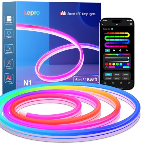 Lepro N1 Ai Smart Rainbow Neon Light Strip 6m, 96 Leds/m, Work With Alexa, Google Home, Music Sync, Ai Lighting Design Assistant, Ip65 Rope Light, Magiccolor Led Light, App &amp; Voice Control, No Remote