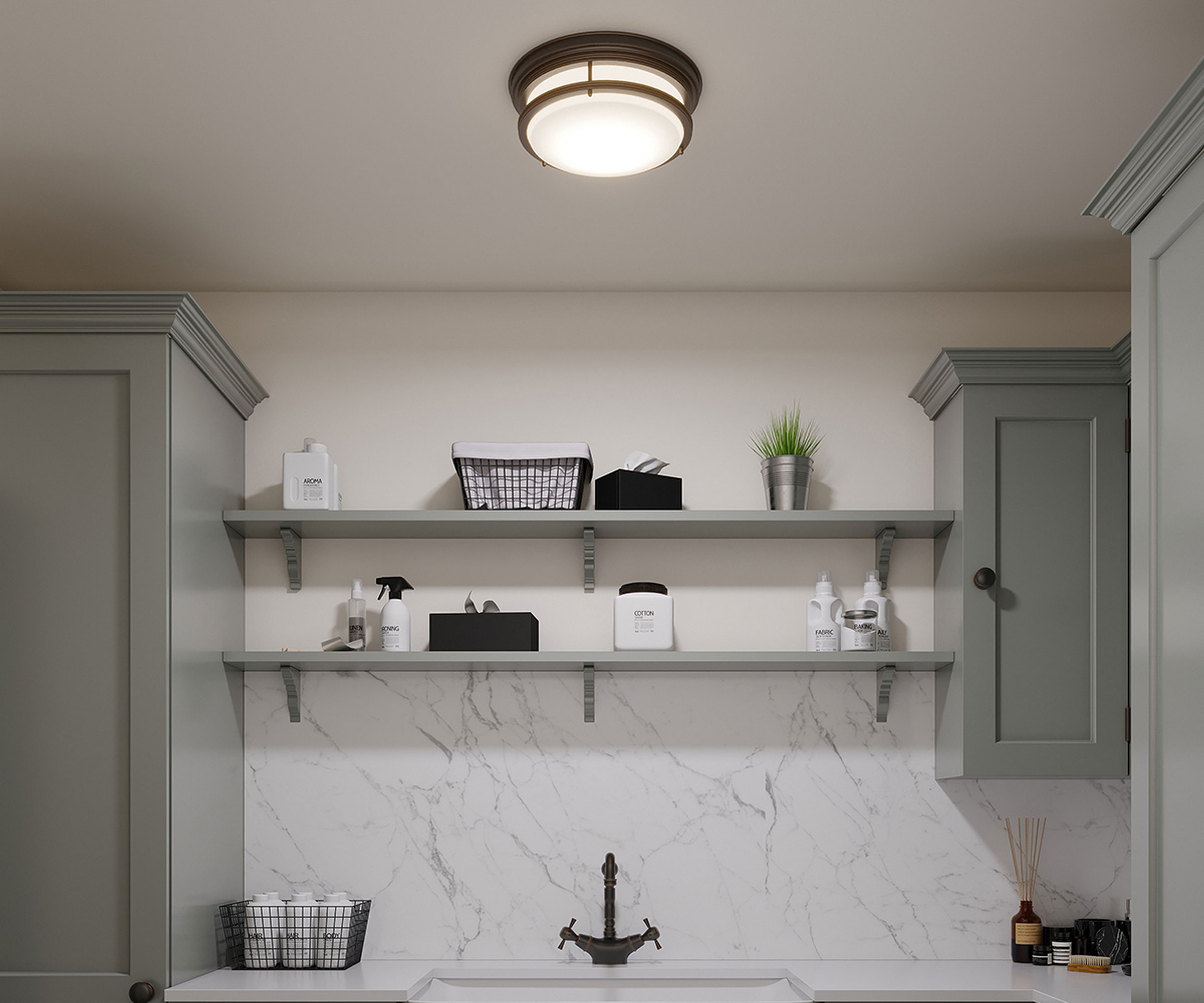 grey Shaker laundry room with wall shelves and marble splashback with central ceiling light