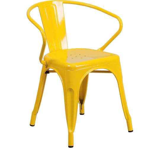 Fwstyle Roy Yellow Set of 4 Metal Dining Chairs &ndash; Industrial Stackable Bistro Kitchen Chairs With Curved Backrest, Plastic Floor Caps, Fully Assembled &ndash; Indoor Outdoor Use