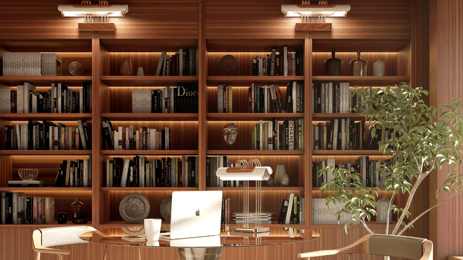 A modern home office features a large wall of wooden bookshelves filled with neatly arranged books, decorative vases, sculptures, and art pieces.