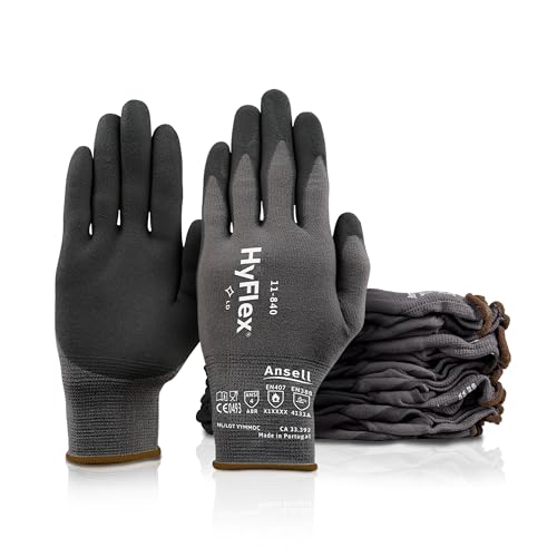 Ansell Hyflex 11-840 Professional Work Gloves, Abrasion Resistant Nitrile Coating With Firm Grip, Multipurpose Protection Gloves, Mechanical and Industrial Safety, Black, Size L (12 Pairs)