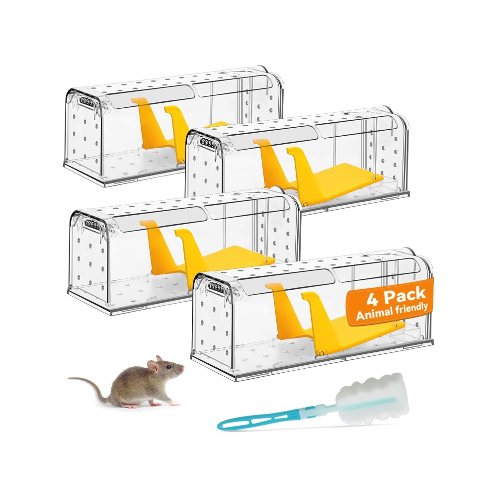 Four pack of KENNEAS Humane Mouse Traps next to a photo of a mouse and brush