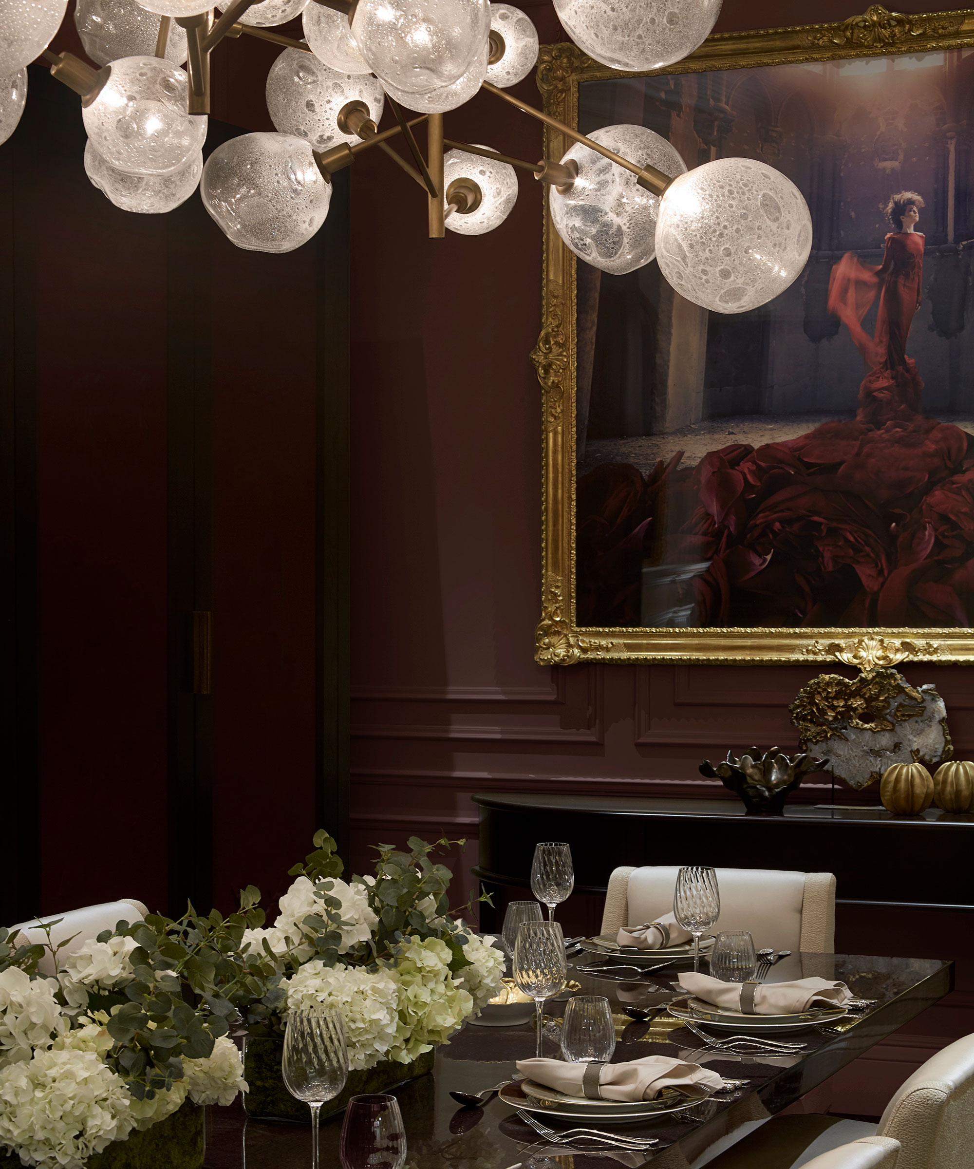 grand dining room with mulberry coloured walls