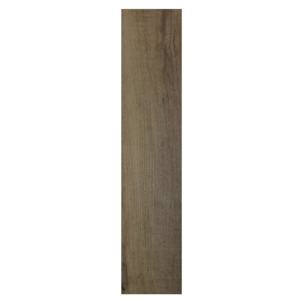 A dark brown, wood-effect plank tile on a white background