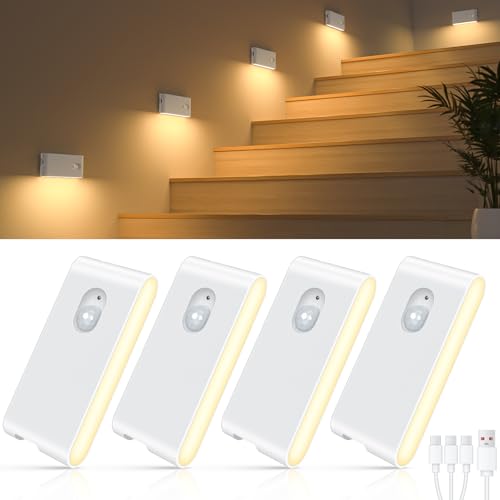 Willed Stair Lights, Wireless Motion Sensor Night Light, Usb Rechargeable Sensor Lights Indoor (auto/on/off), Magnetic Stick on Lights for Wardrobe, Hallway, Stairs, Bedroom (4 Pack)