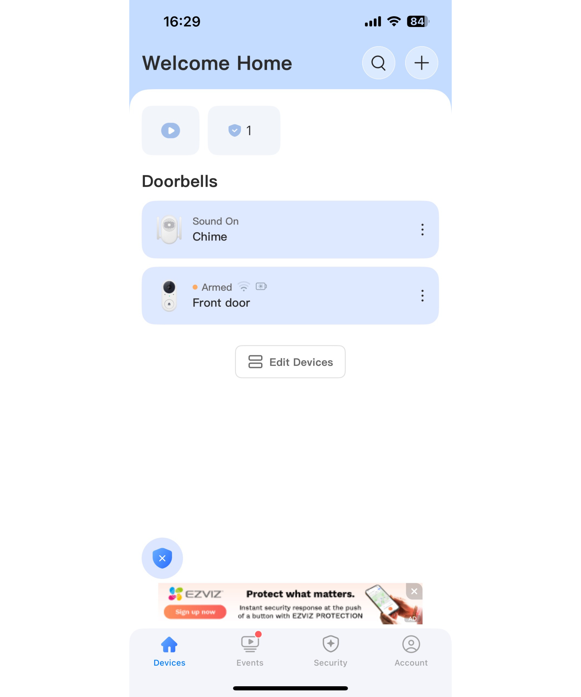 home screen of Ezviz app