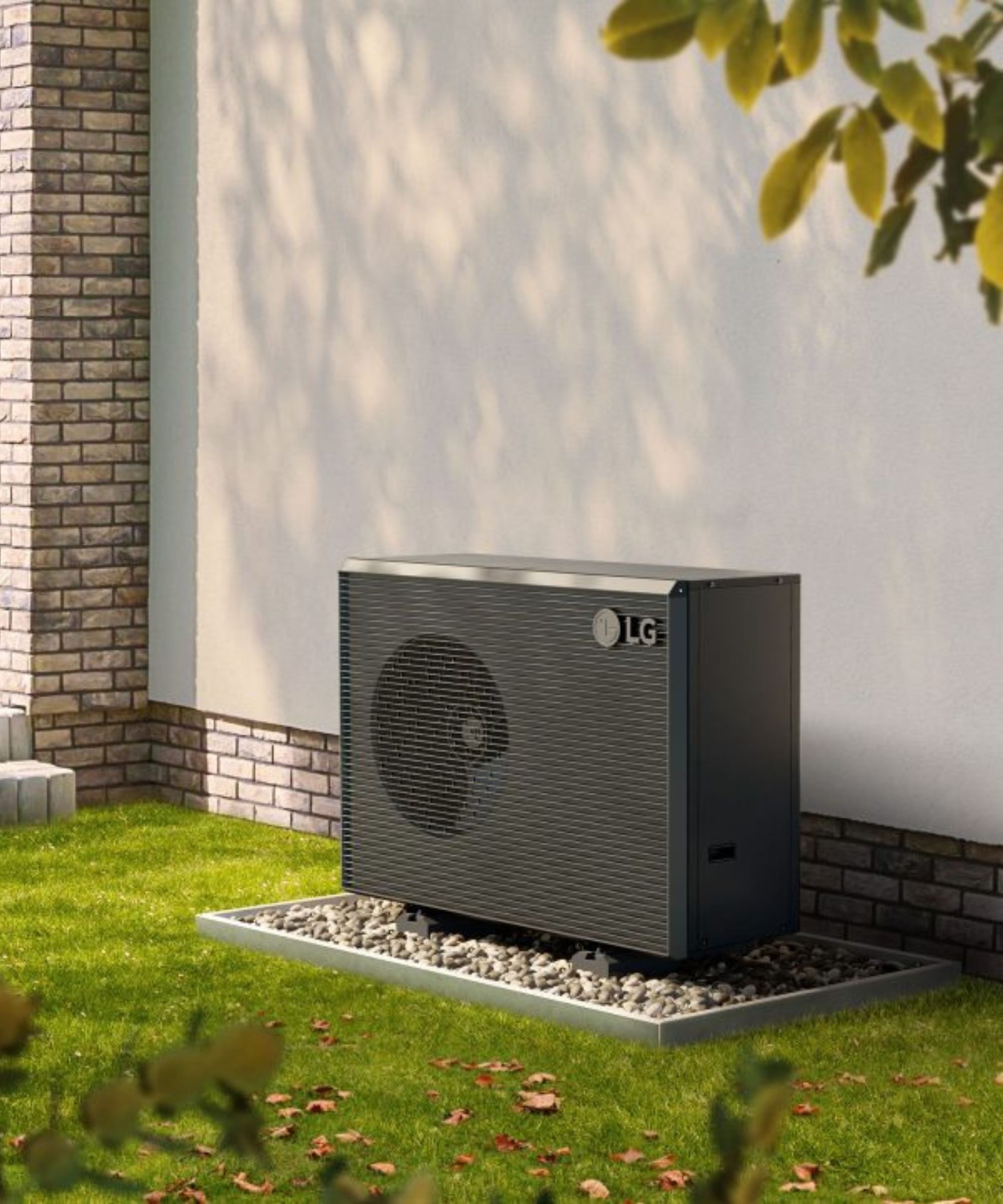 A black split unit heat pump in a sunny garden