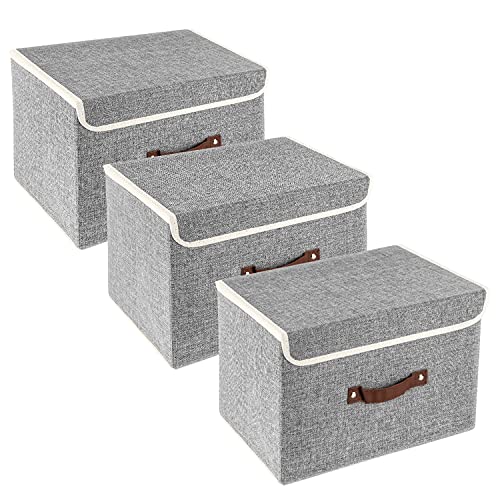 Tyeers Collapsible Storage Box With Lid, Fabric Storage Box for Clothes, Wardrobe Storage, 38x25x25 Cm, Set of 3, Grey