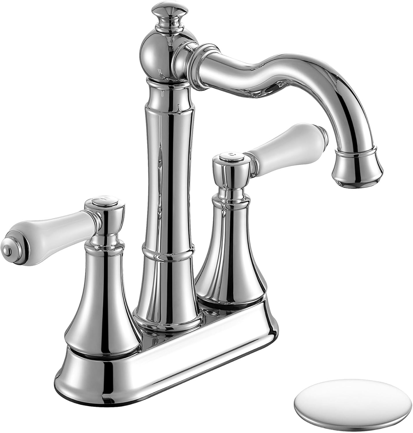 Roffenny Polished Chrome Bathroom Taps for Basin 3 Holes Traditional Porcelain 2 Handle 4 Inch Center Set 360 Degree Swivel Spout With Pop Up Drain