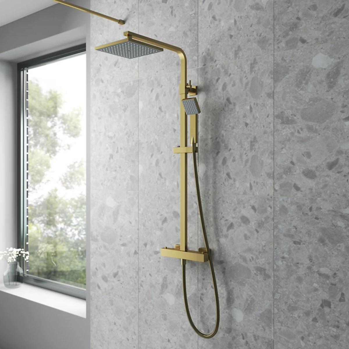 Royal Bathrooms Venice Brushed Brass Square Exposed Thermostatic Bar Mixer with Shower Set Shower Head and Handheld