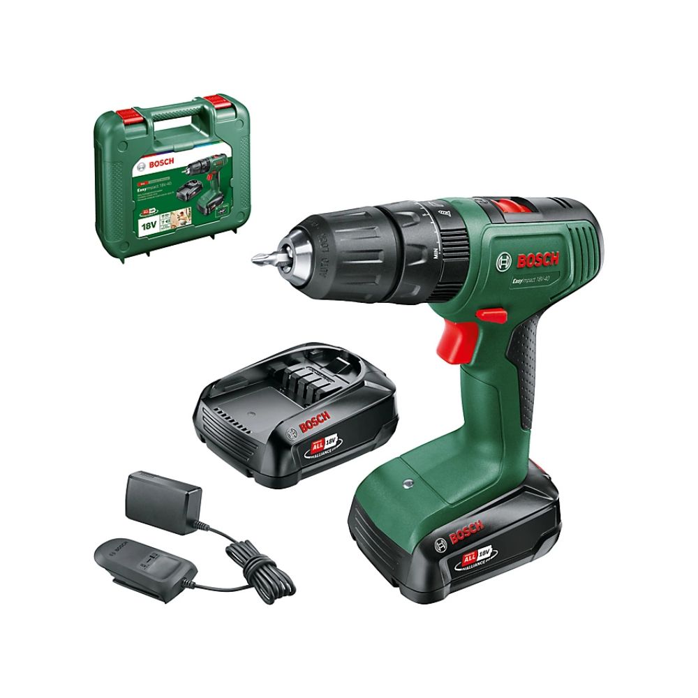 A Bosch cordless drill set featuring a green and black power drill with red accents, two rechargeable batteries, a charger, and a green carrying case.