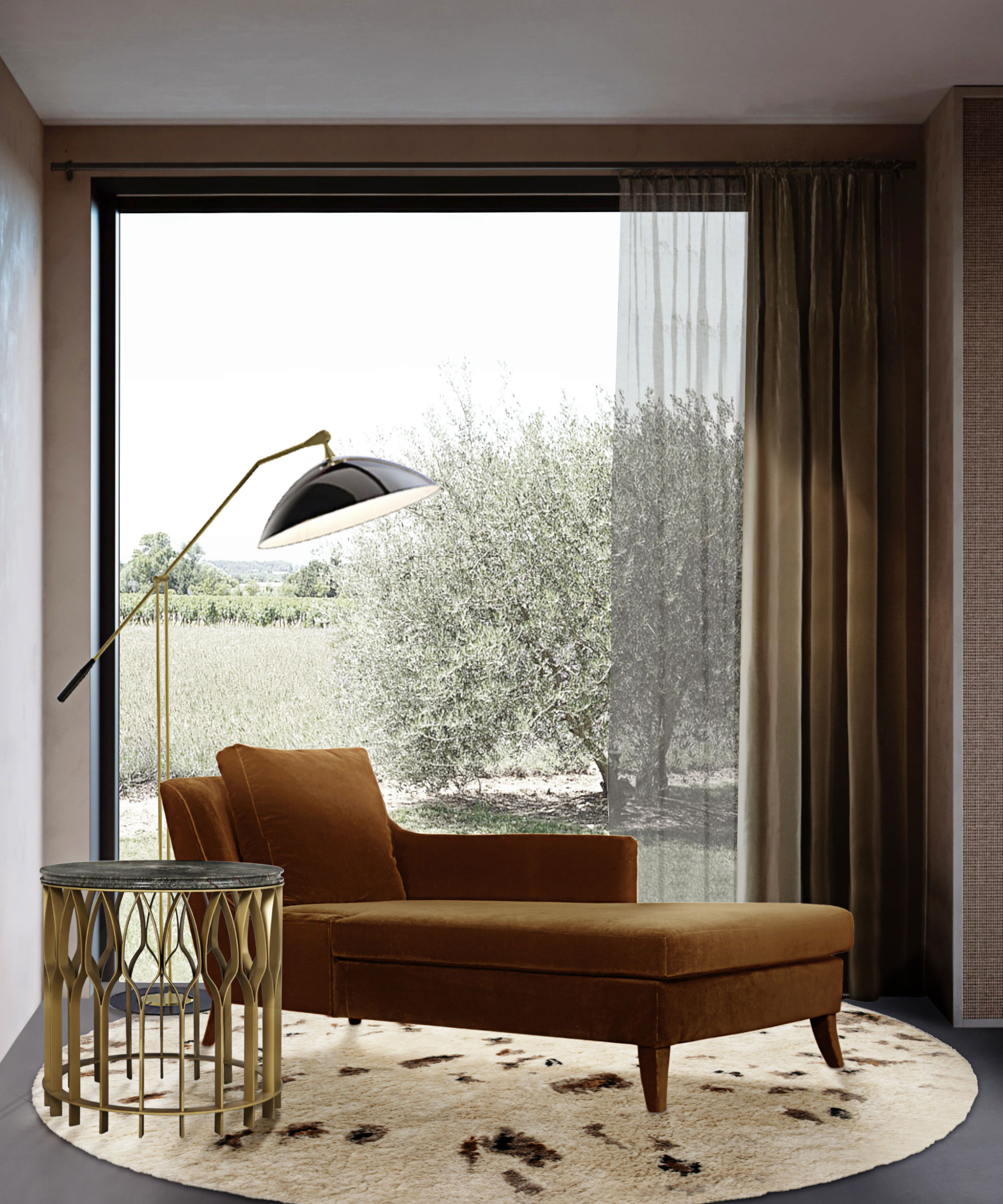 large picture window in modern home with chaise longue and cow hide circular rug