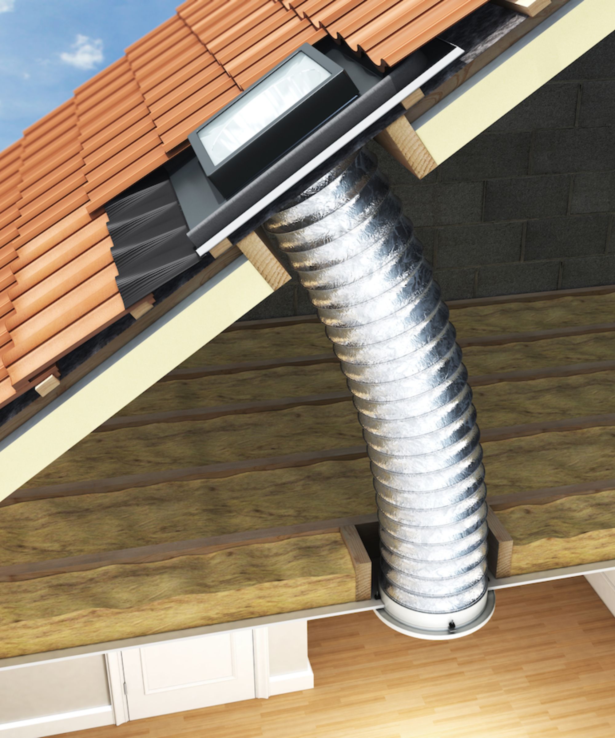 A diagram showing how a tubular skylight channels sunlight from the roof into a dark room below. The reflective duct runs through the attic, bringing natural light into the space beneath.