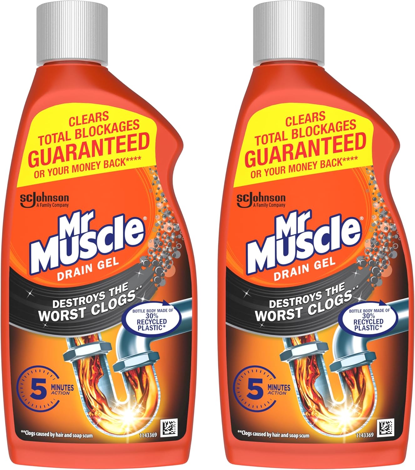 Mr Muscle Drain Unblocker, Sink &amp; Drain Cleaner, Heavy Duty Drain Gel, 2 X 500 Ml