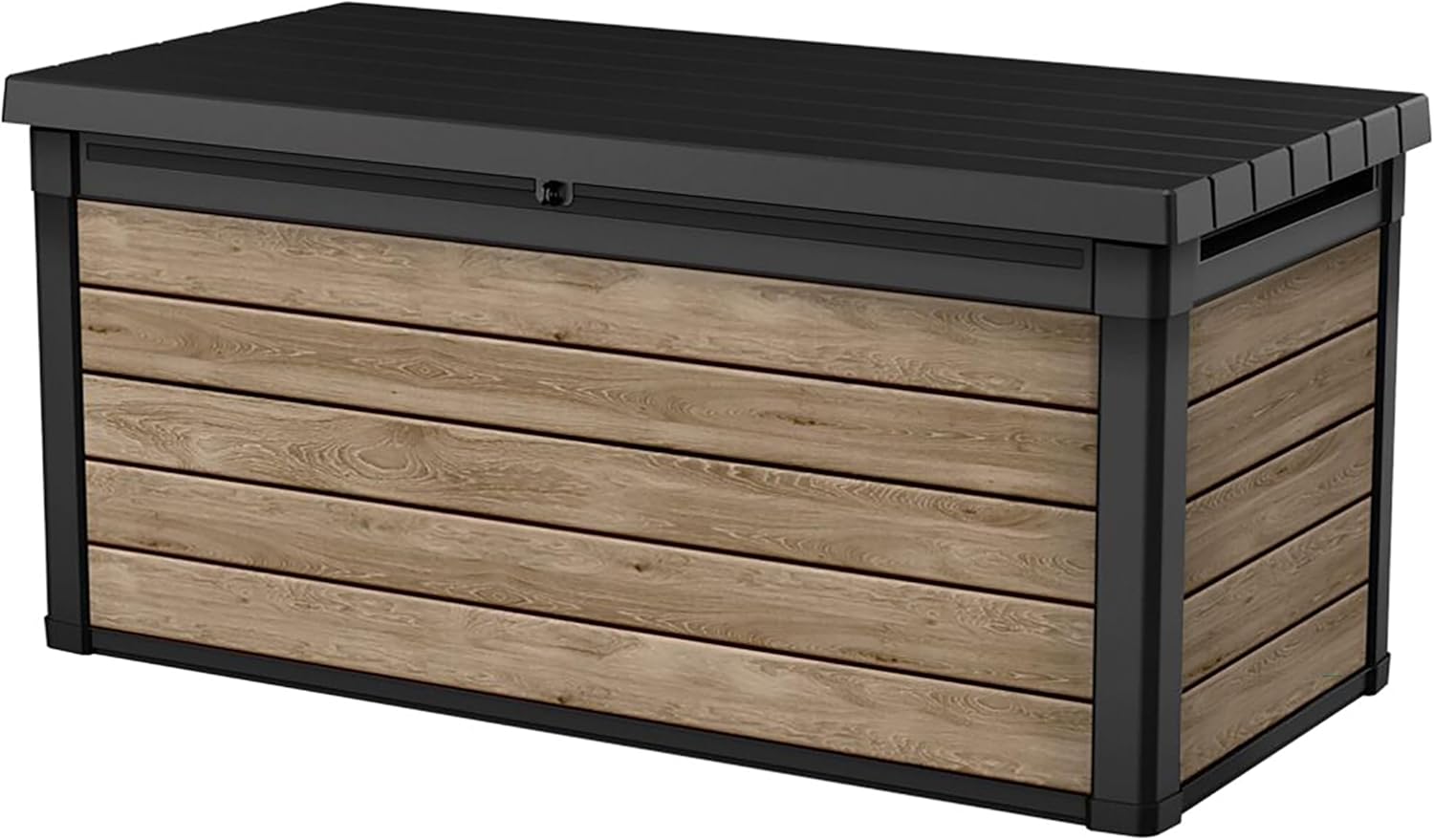 Keter Signature 570l Outdoor Storage Box &ndash; Ashwood Brown | Lockable Weatherproof Garden Deck Box &amp; Bench | Wood-Effect Finish | Hydraulic Lid | Seats 2 Adults | Durable Resin Construction