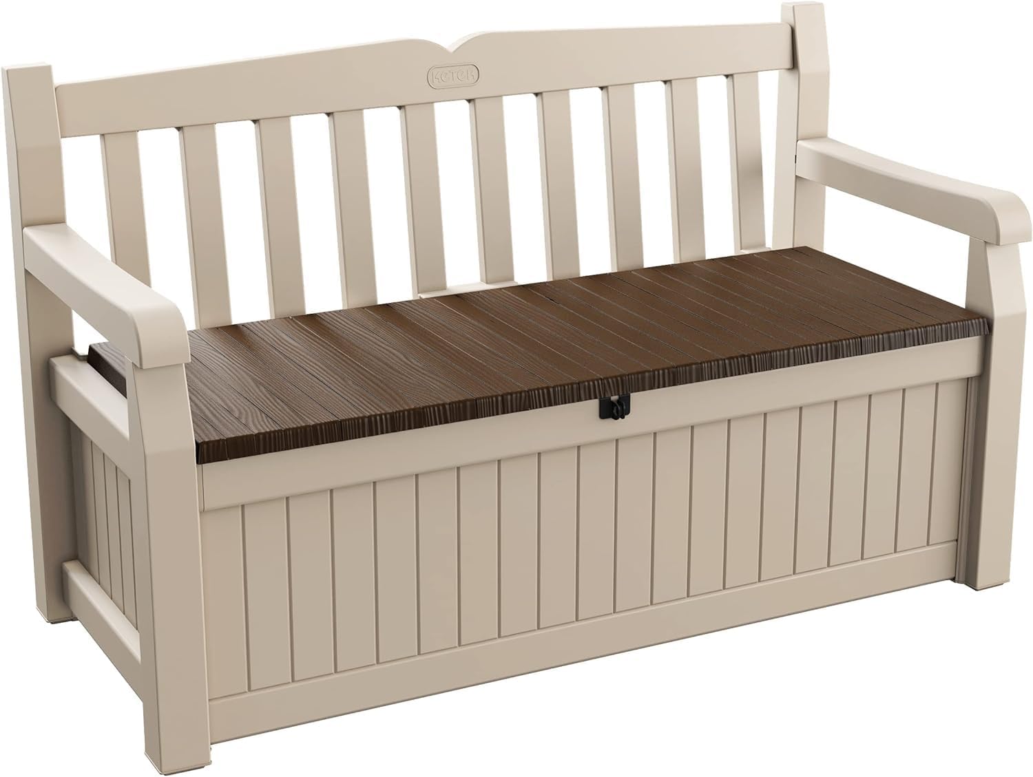 Keter Eden Bench 265l Outdoor 60% Recycled Garden Furniture Storage Box Beige &amp; Brown Wood Panel Effect | Fade Free | All Weather Resistant | Safe and Secure | Zero Maintenance | 2 Year Warranty