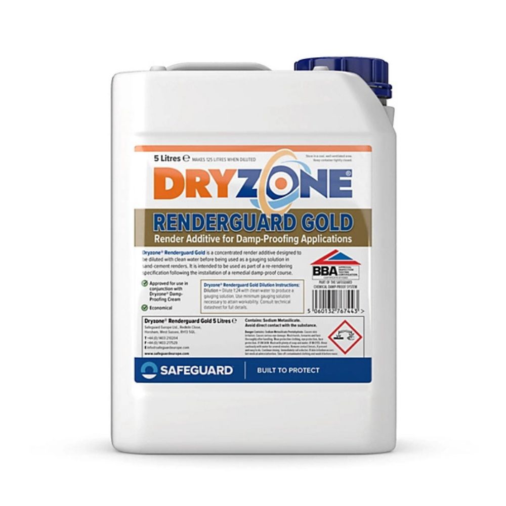 A large white 5-litre plastic container labelled &ldquo;Dryzone Renderguard Gold&rdquo; stands upright, featuring bold orange, blue and gold branding.