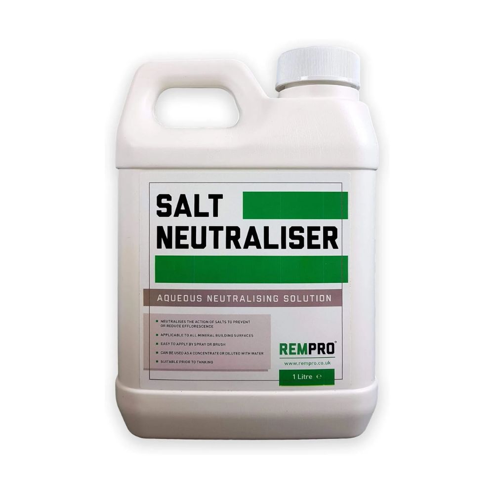 A white 1-litre plastic container with a handle and screw cap, featuring a bold &ldquo;Salt Neutraliser&rdquo; label in black and green.