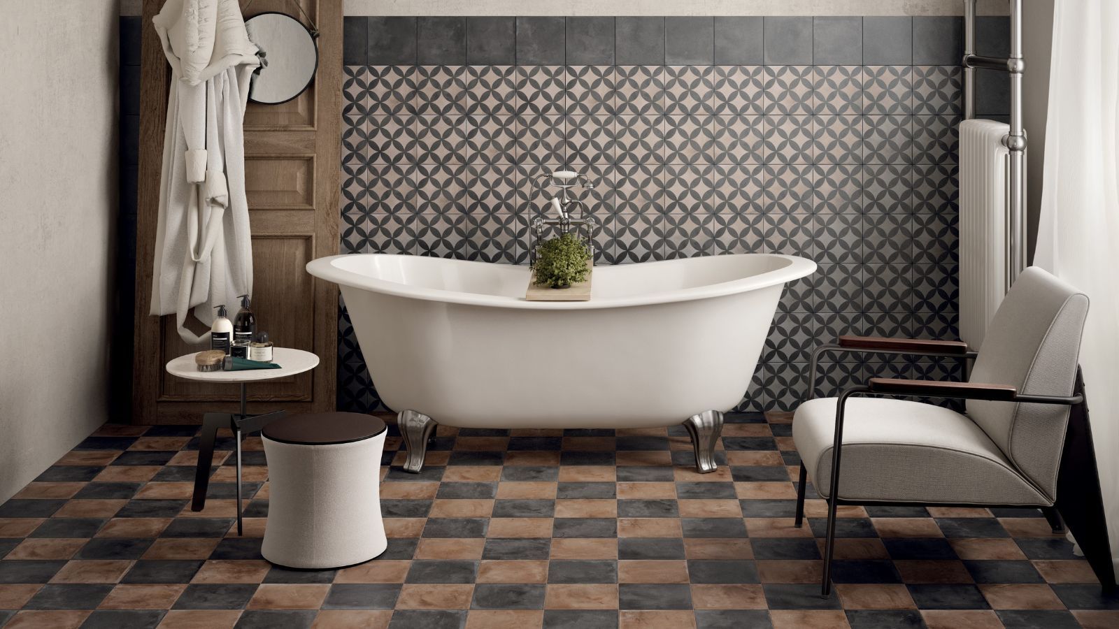 A stylish bathroom featuring patterned wall tiles in a geometric design paired with checkerboard floor tiles in earthy brown and charcoal tones.