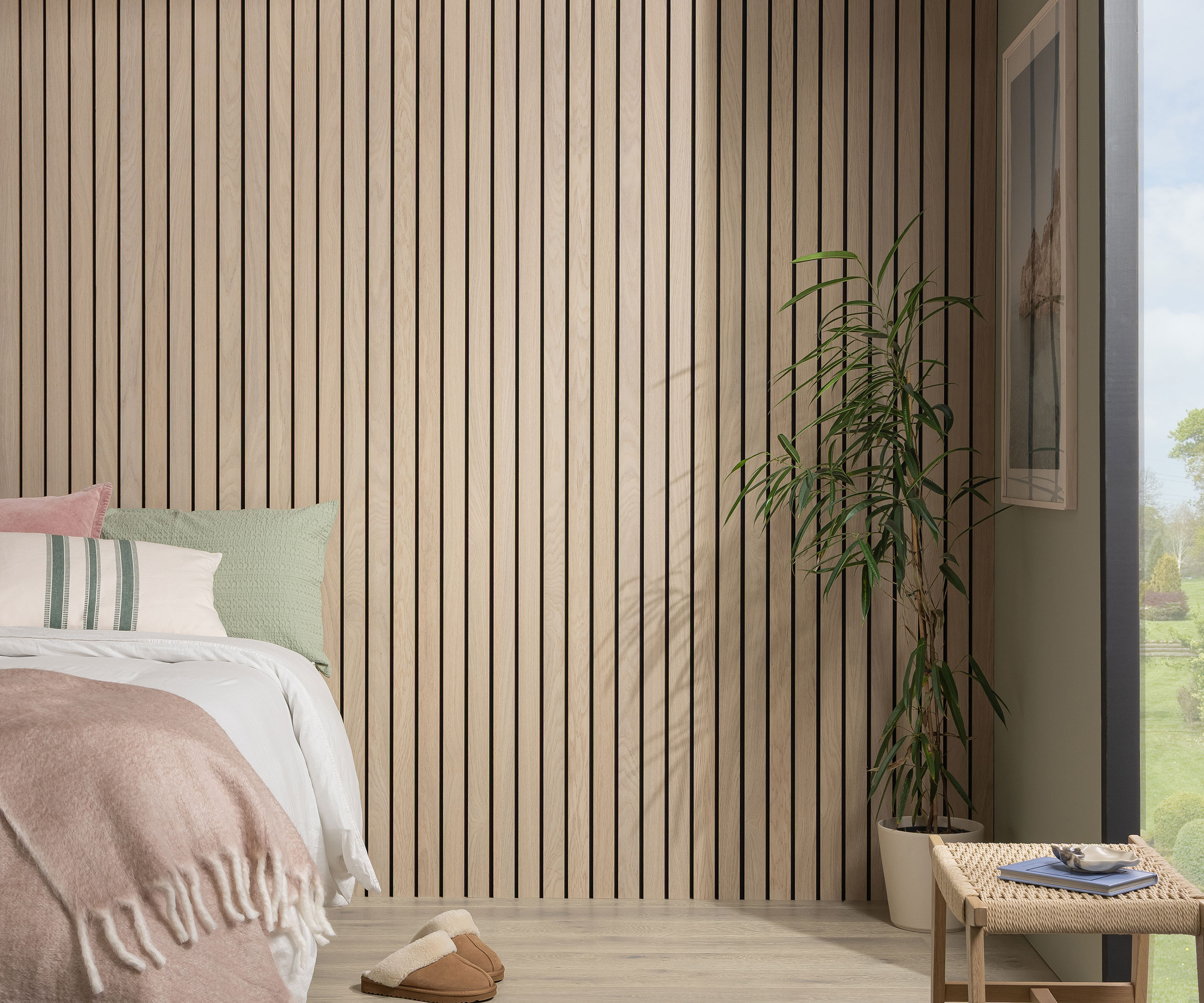 pink and green bedroom with acoustic wall panels