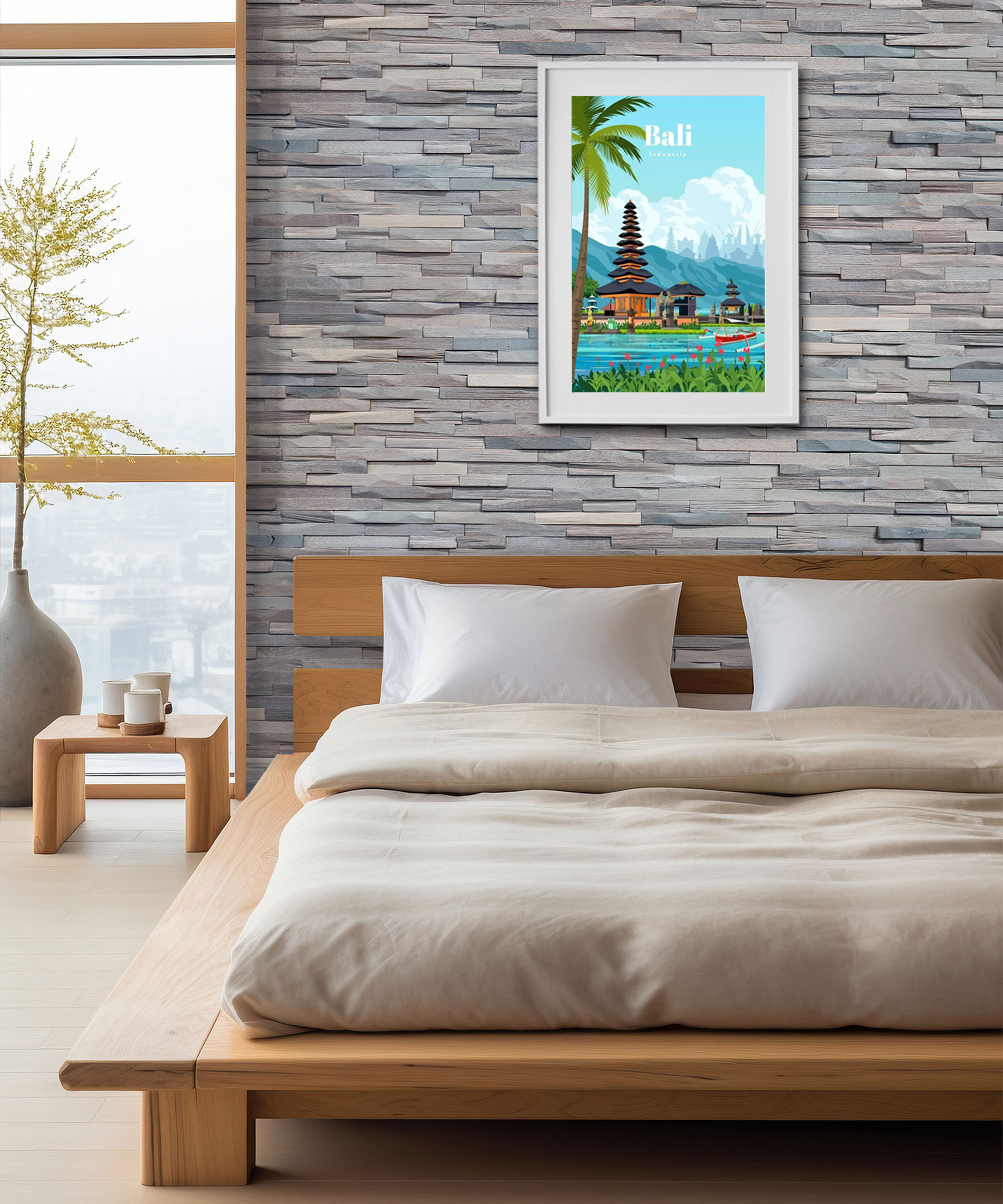 double bedroom with low bed and hardwood tile effect wall panelling