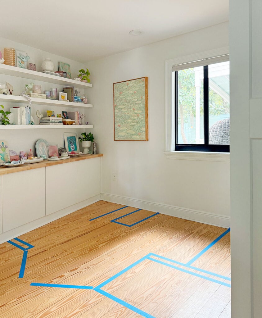 Painters Tape On Floor To Designate Bathroom Renovation Layout