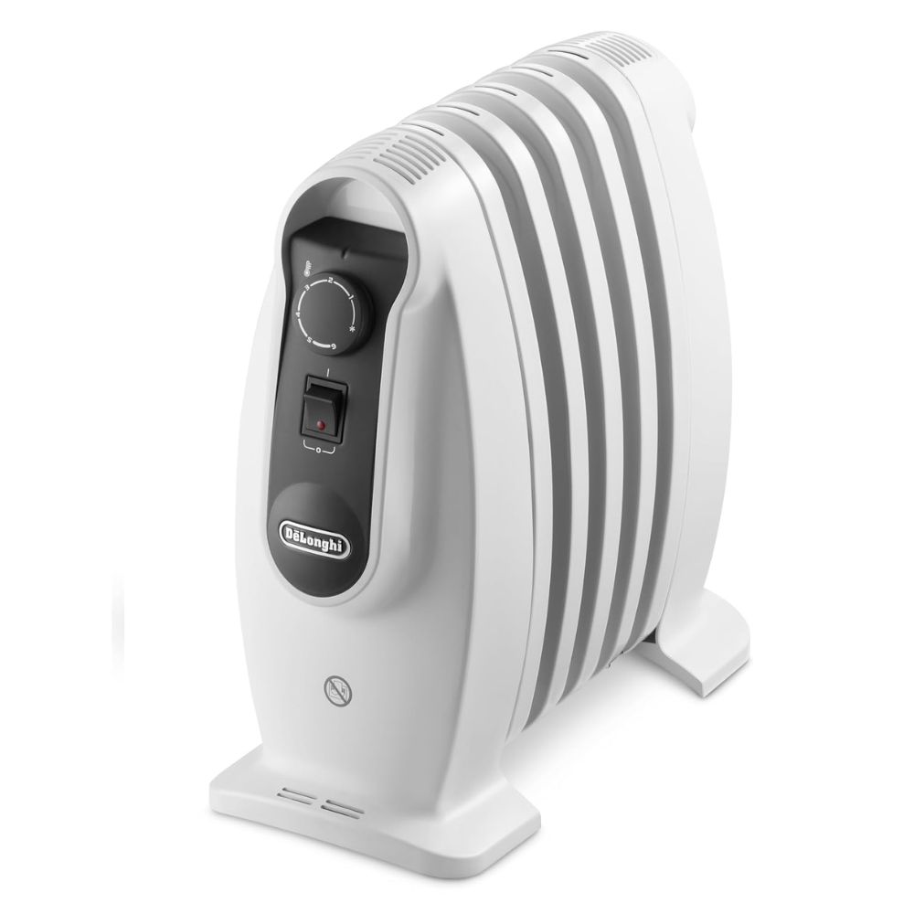 A small white oil filled radiator with a black control panel