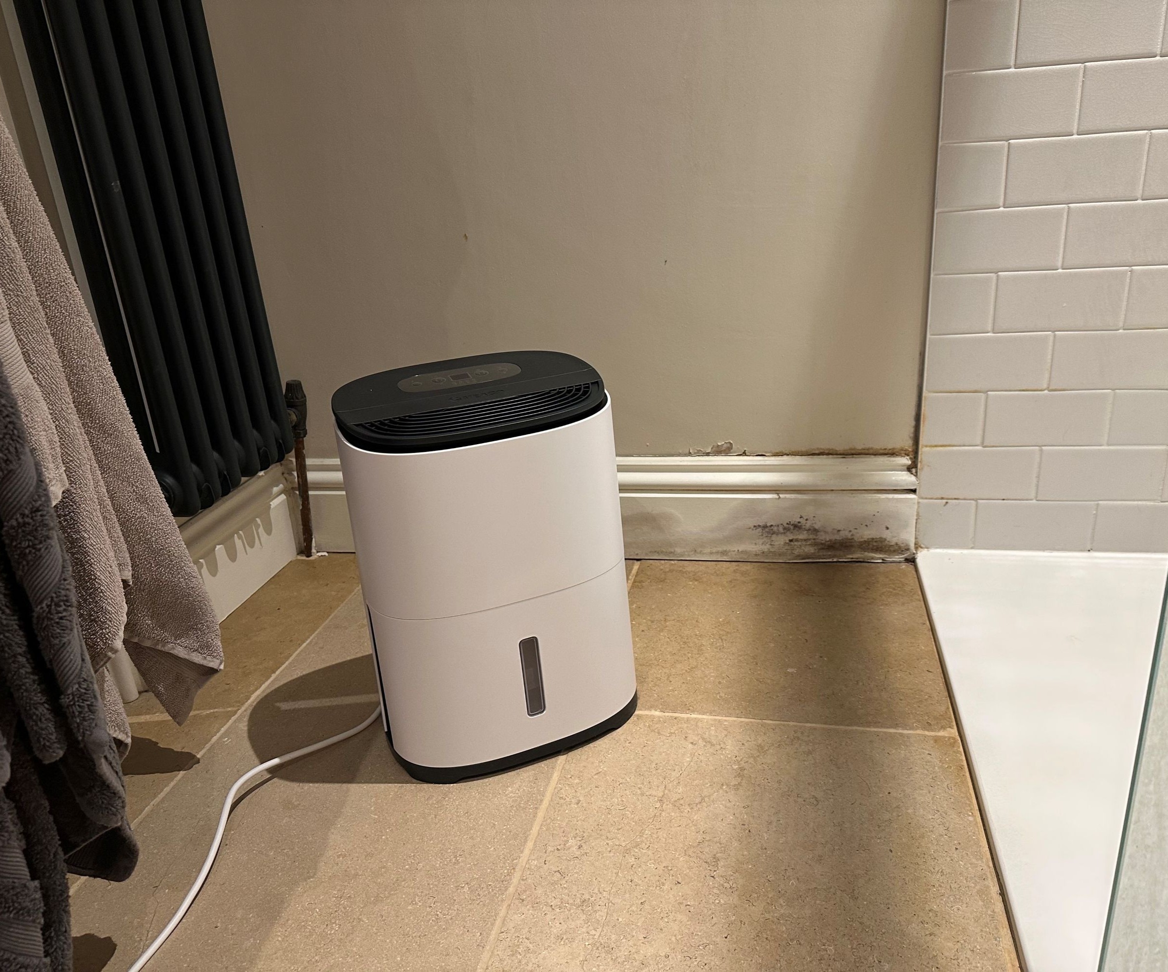 The MeacoDry Arete One 6L Compact dehumidifier on limestone tiles beside a skirting board with damp on it and a shower tray and towels either side.