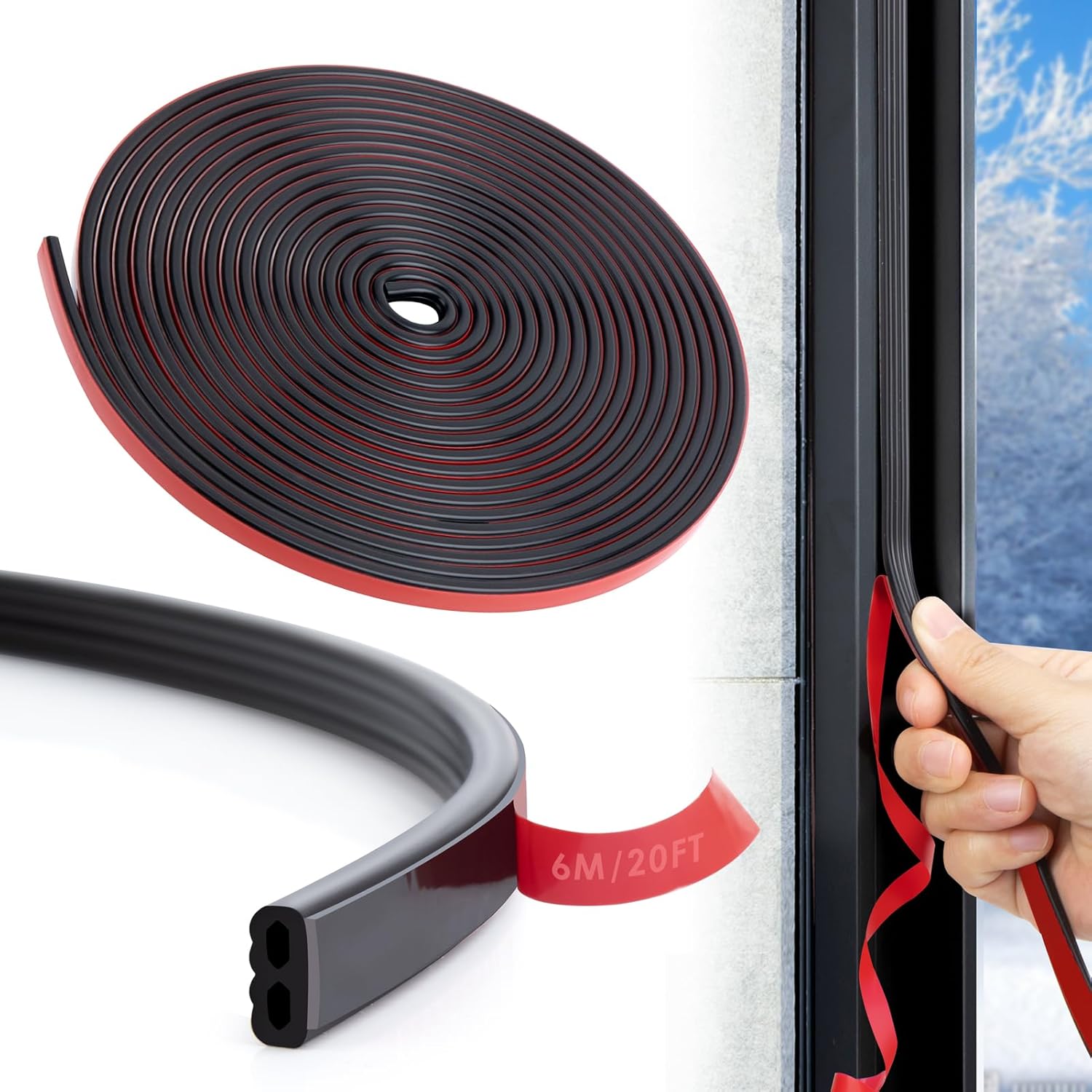 Window Insulation Tape Silicone - Door Seal Strip Weather Strip Self Adhesive Draft Excluder Tape for Doors, 6m/20ft Window Seals Strip by Youshares (black)